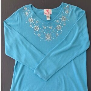 Quacker Factory Womens Small Blue Snowflake Rhinestone V-Neck Knit Sweater